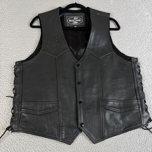 RIVER ROAD Leather Vest Mens Size 44 Black Motorcycle Biker Side Laces Snaps